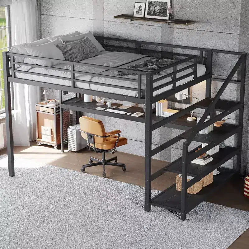 Lit mezzanine Queen avec bureau et escalier de rangement, lits mezzanine en métal avec lumières LED, ports USB, filets de fer multifonctionnels, sans sommier, noir