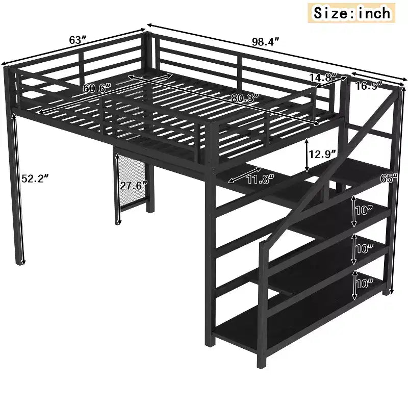Lit mezzanine Queen avec bureau et escalier de rangement, lits mezzanine en métal avec lumières LED, ports USB, filets de fer multifonctionnels, sans sommier, noir