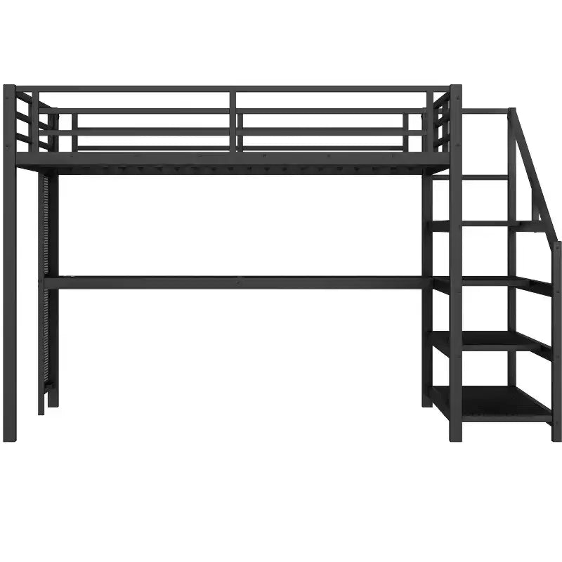 Lit mezzanine Queen avec bureau et escalier de rangement, lits mezzanine en métal avec lumières LED, ports USB, filets de fer multifonctionnels, sans sommier, noir