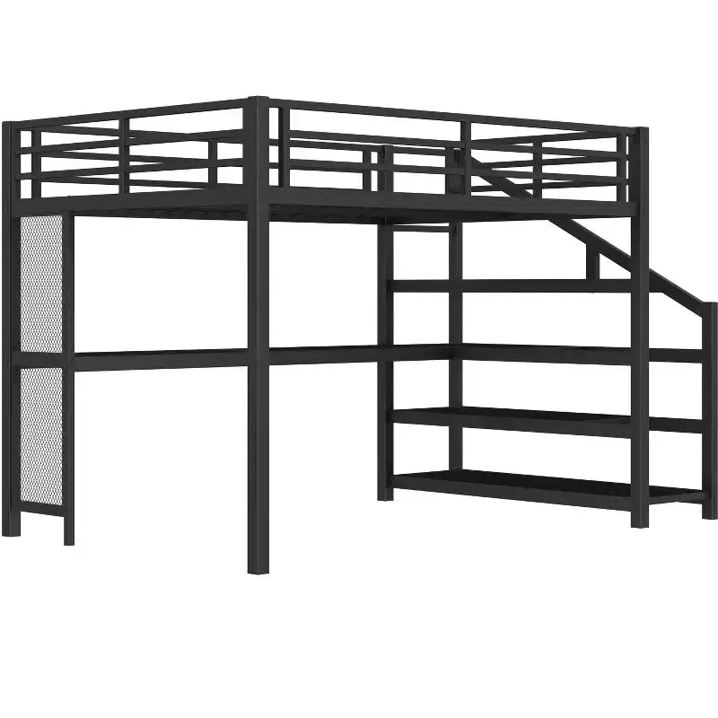 Lit mezzanine Queen avec bureau et escalier de rangement, lits mezzanine en métal avec lumières LED, ports USB, filets de fer multifonctionnels, sans sommier, noir