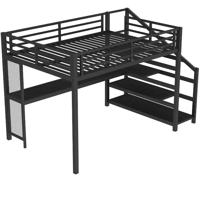 Lit mezzanine Queen avec bureau et escalier de rangement, lits mezzanine en métal avec lumières LED, ports USB, filets de fer multifonctionnels, sans sommier, noir
