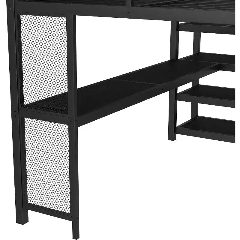 Lit mezzanine Queen avec bureau et escalier de rangement, lits mezzanine en métal avec lumières LED, ports USB, filets de fer multifonctionnels, sans sommier, noir
