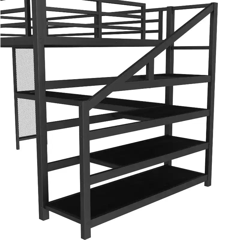 Lit mezzanine Queen avec bureau et escalier de rangement, lits mezzanine en métal avec lumières LED, ports USB, filets de fer multifonctionnels, sans sommier, noir