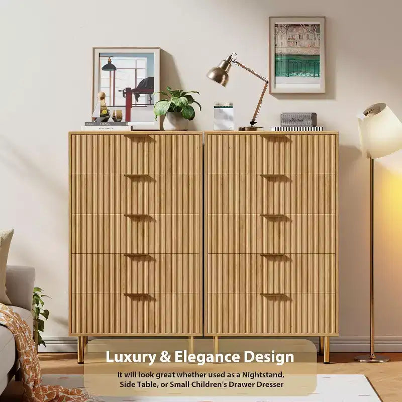 Commode à 5 tiroirs pour chambre à coucher, commode haute et moderne avec tiroirs profonds et plateau large, organisateur en bois cannelé pour salon