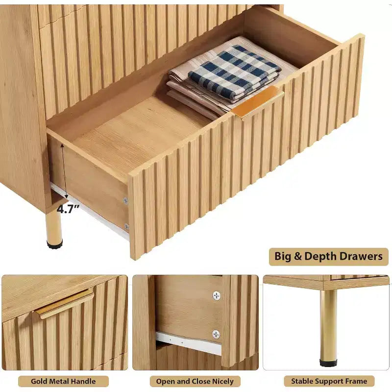 Commode à 5 tiroirs pour chambre à coucher, commode haute et moderne avec tiroirs profonds et plateau large, organisateur en bois cannelé pour salon