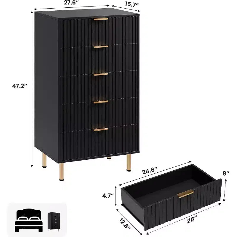 Commode à 5 tiroirs pour chambre à coucher, commode haute et moderne avec tiroirs profonds et plateau large, organisateur en bois cannelé pour salon