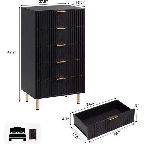Commode à 5 tiroirs pour chambre à coucher, commode haute et moderne avec tiroirs profonds et plateau large, organisateur en bois cannelé pour salon