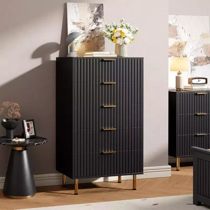 Commode à 5 tiroirs pour chambre à coucher, commode haute et moderne avec tiroirs profonds et plateau large, organisateur en bois cannelé pour salon