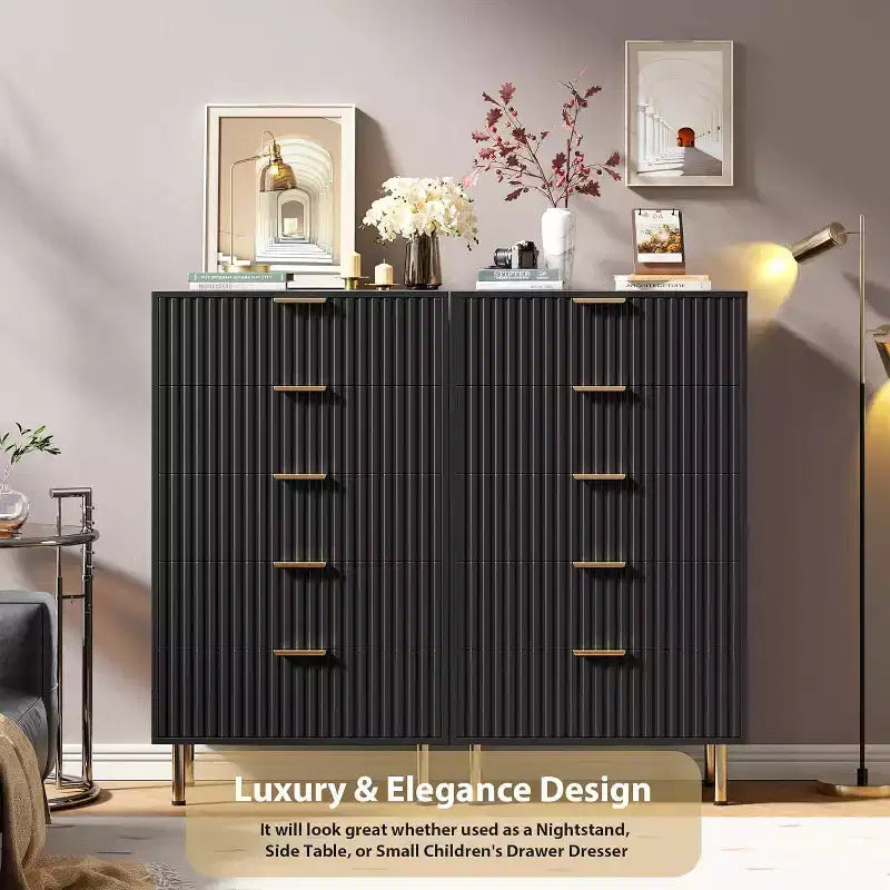 Commode à 5 tiroirs pour chambre à coucher, commode haute et moderne avec tiroirs profonds et plateau large, organisateur en bois cannelé pour salon