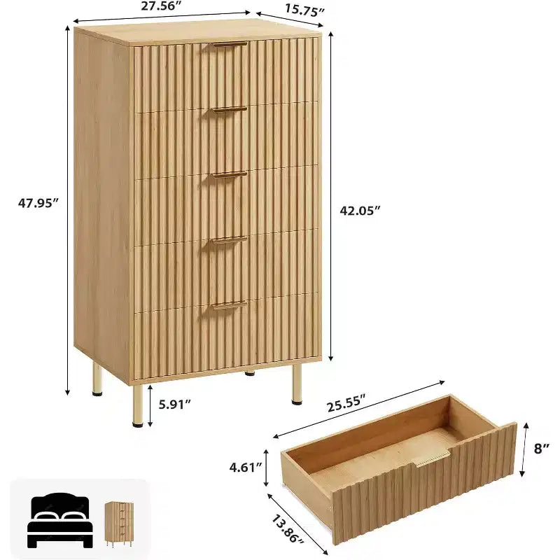 Commode à 5 tiroirs pour chambre à coucher, commode haute et moderne avec tiroirs profonds et plateau large, organisateur en bois cannelé pour salon