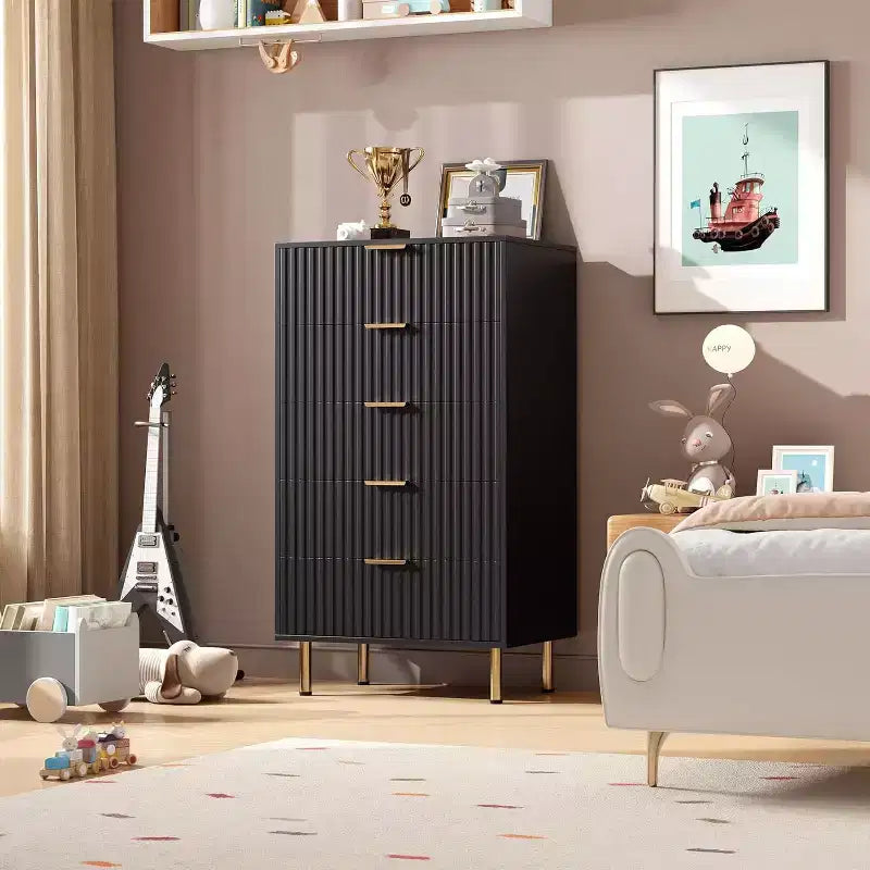 5 Drawer Dresser for Bedroom, Tall Modern Chest of Drawers with Deep Drawers and Wide Top, Fluted Wooden Dresser Organizer for Living Room