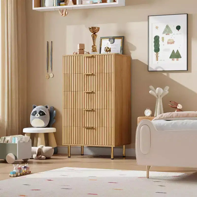 Commode à 5 tiroirs pour chambre à coucher, commode haute et moderne avec tiroirs profonds et plateau large, organisateur en bois cannelé pour salon