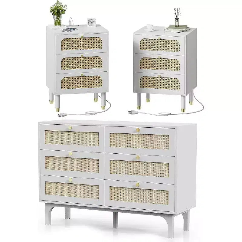 VINGLI Rattan Dresser and Nightstands Sets 3 Piece, White Nightstands with Charging Station Set of 2, 6 Drawer Double Dresser
