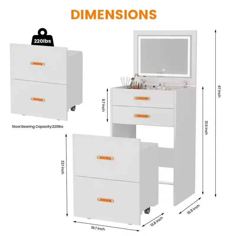 Petite coiffeuse avec miroir LED, chaise de rangement à roulettes, coiffeuse compacte 3-en-1 pour chambre à coucher