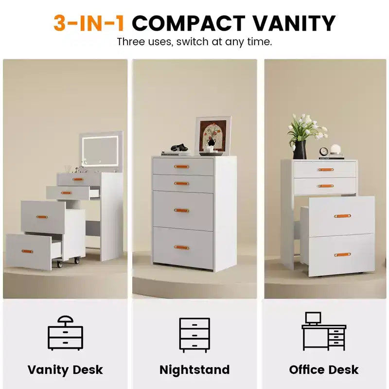 Petite coiffeuse avec miroir LED, chaise de rangement à roulettes, coiffeuse compacte 3-en-1 pour chambre à coucher