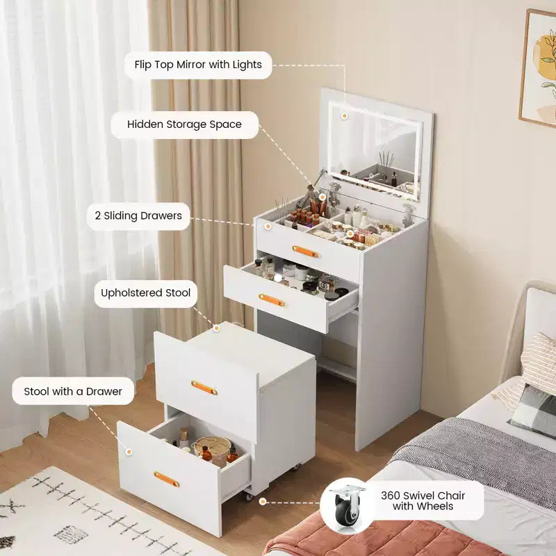 Petite coiffeuse avec miroir LED, chaise de rangement à roulettes, coiffeuse compacte 3-en-1 pour chambre à coucher
