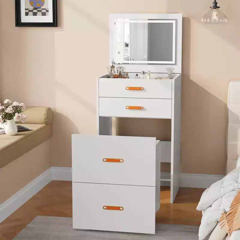 Petite coiffeuse avec miroir LED, chaise de rangement à roulettes, coiffeuse compacte 3-en-1 pour chambre à coucher