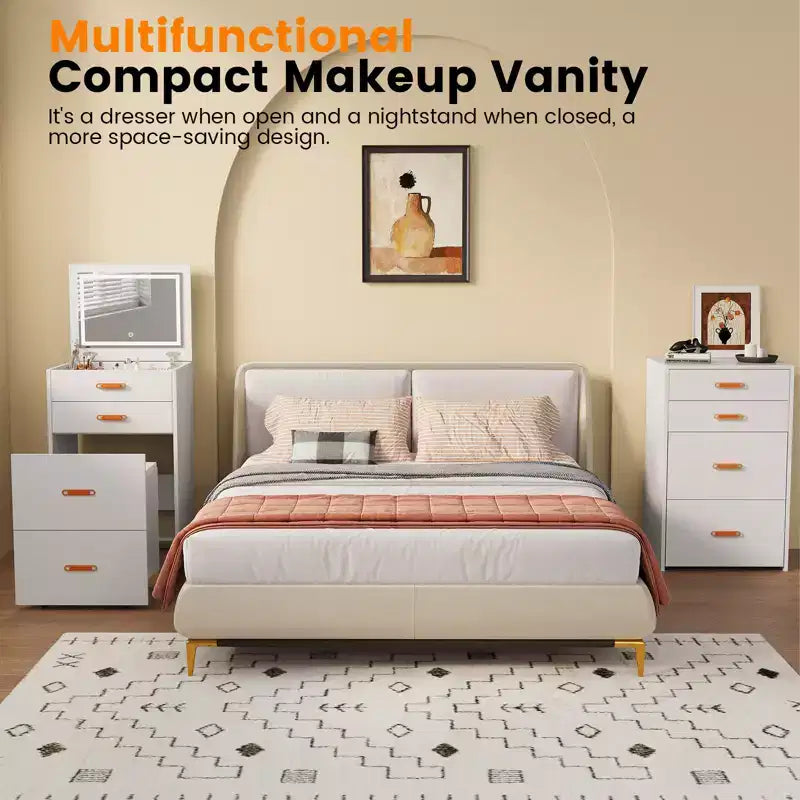 Petite coiffeuse avec miroir LED, chaise de rangement à roulettes, coiffeuse compacte 3-en-1 pour chambre à coucher