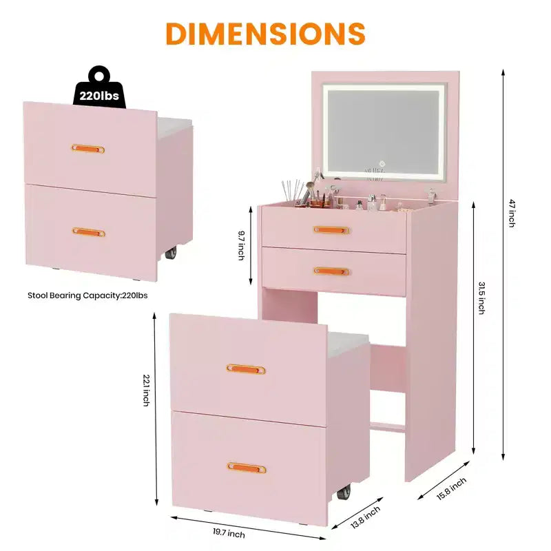 Petite coiffeuse avec miroir LED, chaise de rangement à roulettes, coiffeuse compacte 3-en-1 pour chambre à coucher