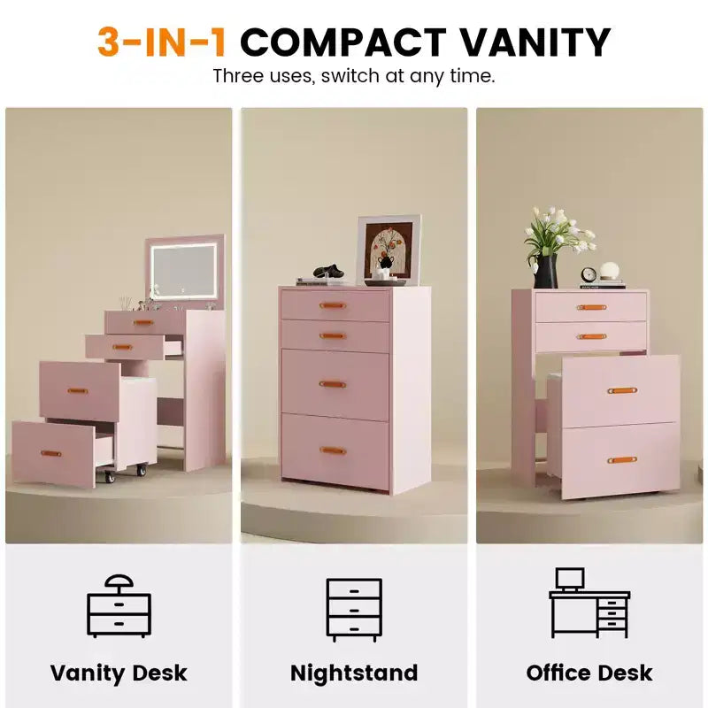 Petite coiffeuse avec miroir LED, chaise de rangement à roulettes, coiffeuse compacte 3-en-1 pour chambre à coucher