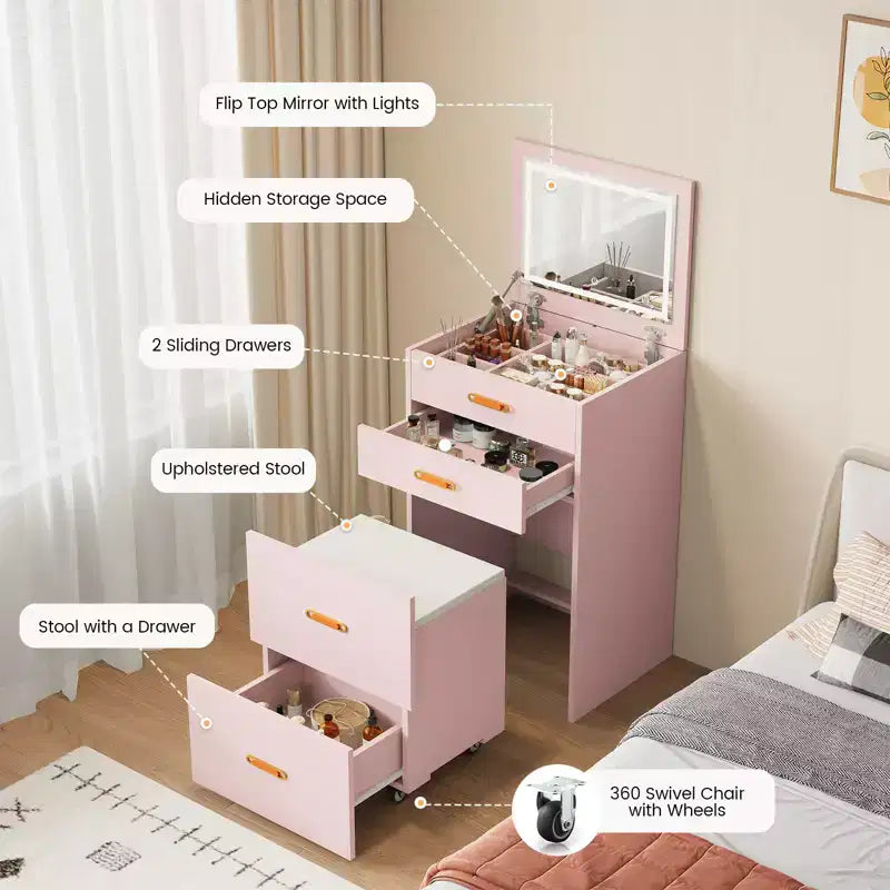 Petite coiffeuse avec miroir LED, chaise de rangement à roulettes, coiffeuse compacte 3-en-1 pour chambre à coucher