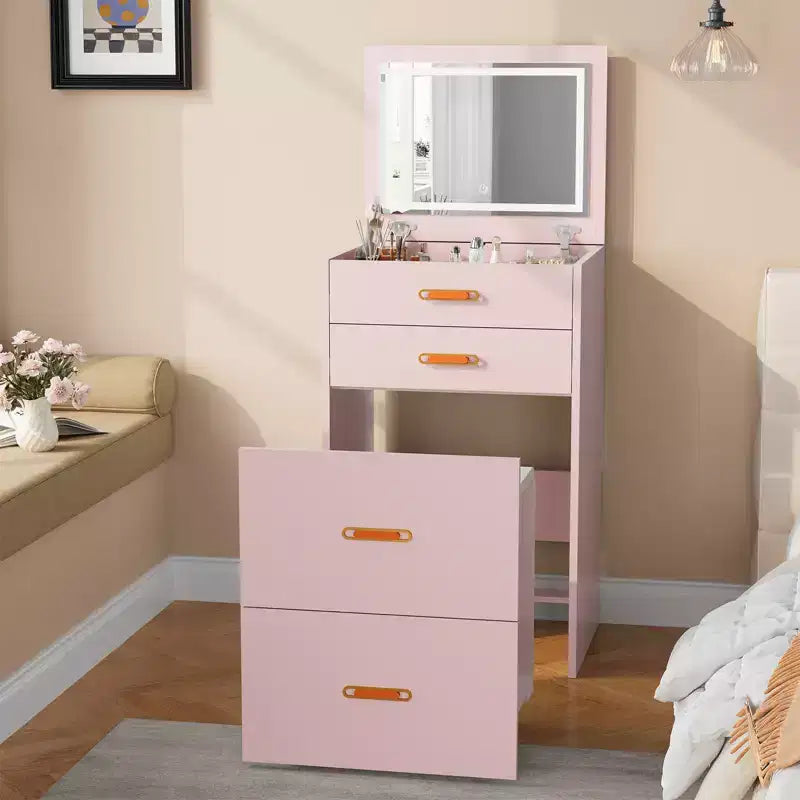 Petite coiffeuse avec miroir LED, chaise de rangement à roulettes, coiffeuse compacte 3-en-1 pour chambre à coucher