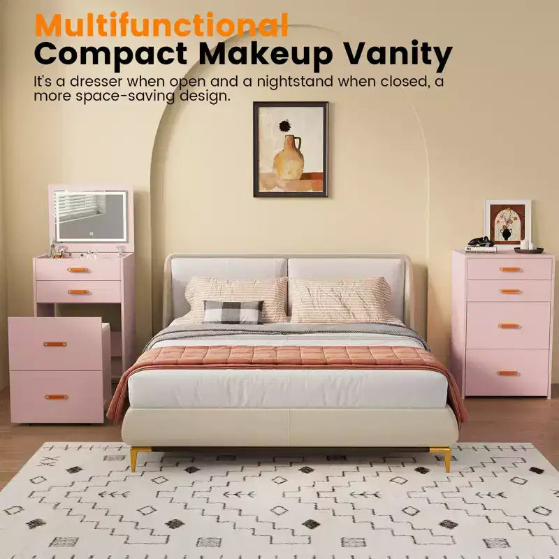 Petite coiffeuse avec miroir LED, chaise de rangement à roulettes, coiffeuse compacte 3-en-1 pour chambre à coucher