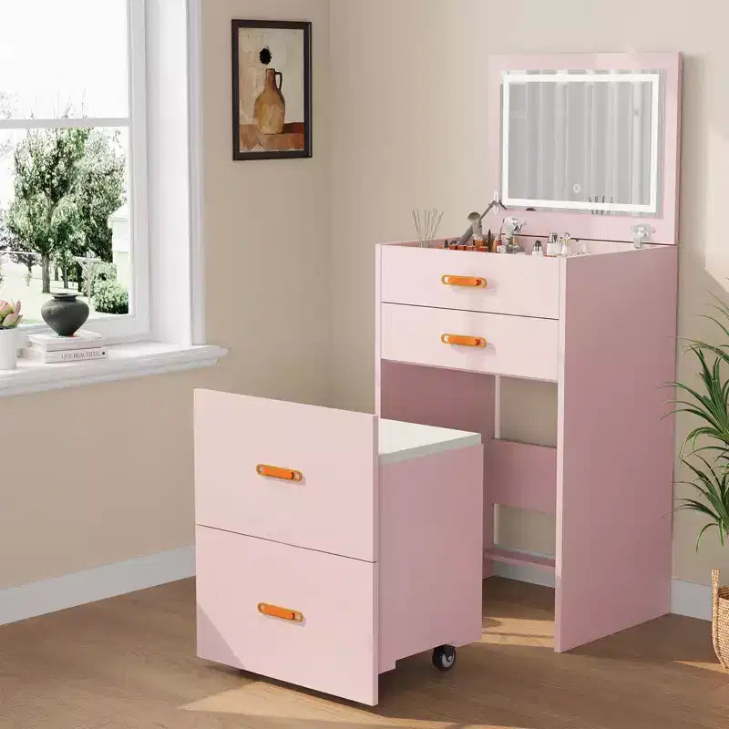 COZONY Small Makeup Vanity Desk with LED Mirror, Rolling Storage Chair, Compact 3-in-1 Vanity Table for Bedroom