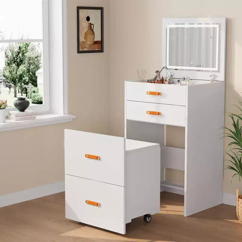 Petite coiffeuse avec miroir LED, chaise de rangement à roulettes, coiffeuse compacte 3-en-1 pour chambre à coucher