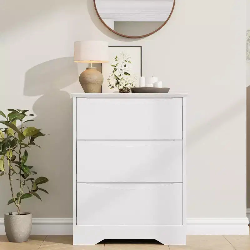 CuisinSmart Wooden Dresser with 3 Drawers, Tall Modern Closet with Deep Storage, Long Storage Dresser for Bedroom, Living Room, White