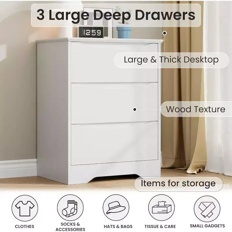 Commode en bois à 3 tiroirs, armoire moderne et haute avec grand espace de rangement, commode longue pour chambre à coucher, salon, blanche