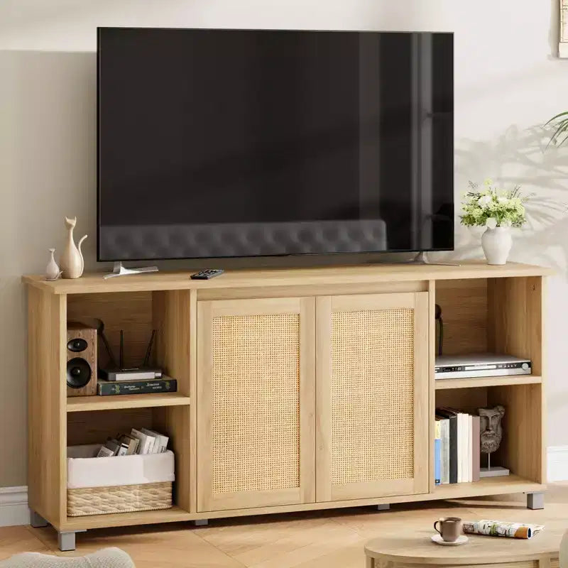 Rattan TV Stand, 63 Modern Entertainment Center with Storage Shelves and Cabinets, Rattan Door, Boho TV Stand for Living Room