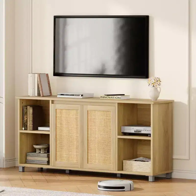 Meuble TV en rotin, meuble TV moderne de 160 cm avec étagères et armoires de rangement, portes en rotin, meuble TV bohème pour salon