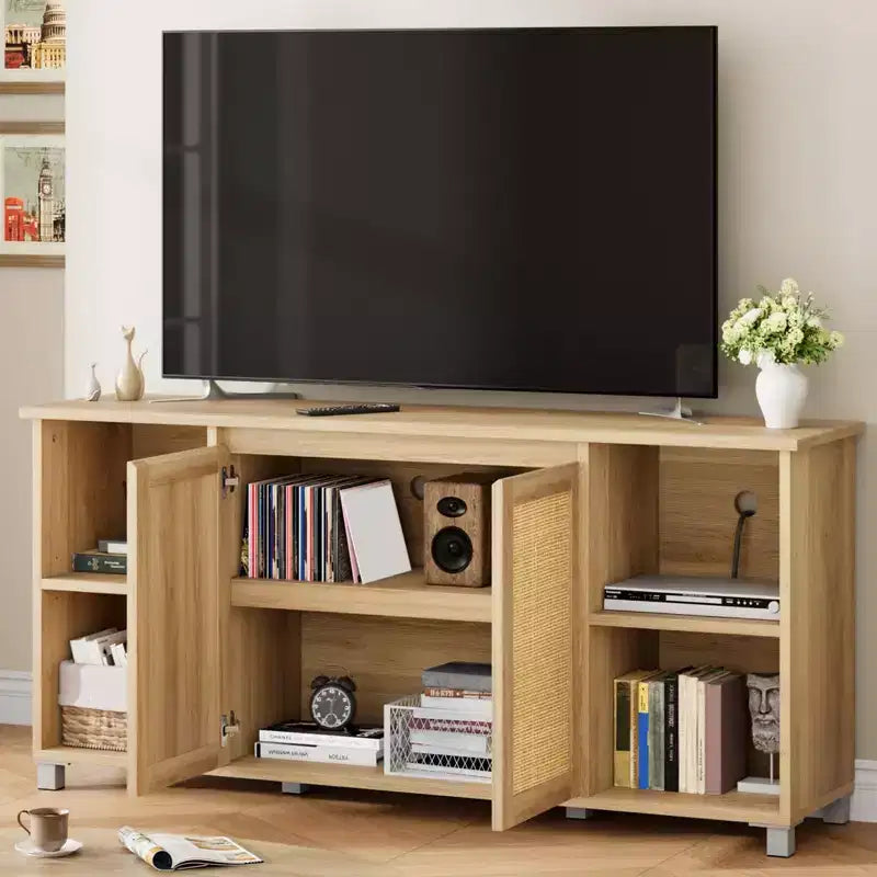 Meuble TV en rotin, meuble TV moderne de 160 cm avec étagères et armoires de rangement, portes en rotin, meuble TV bohème pour salon