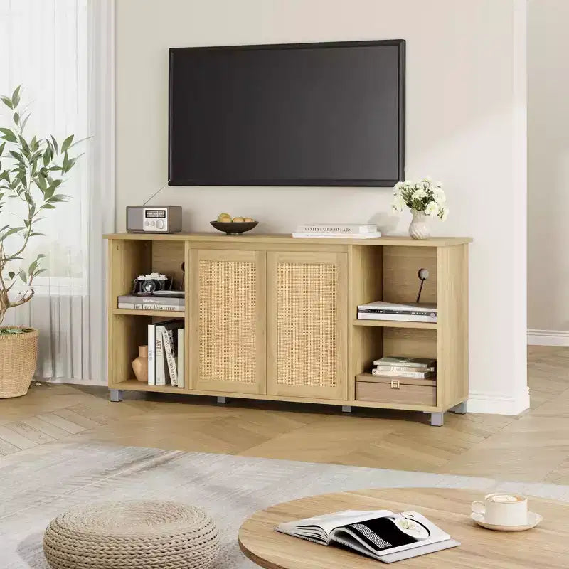 Meuble TV en rotin, meuble TV moderne de 160 cm avec étagères et armoires de rangement, portes en rotin, meuble TV bohème pour salon