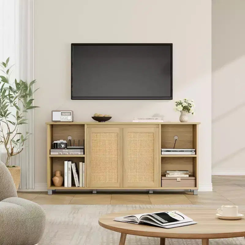 Meuble TV en rotin, meuble TV moderne de 160 cm avec étagères et armoires de rangement, portes en rotin, meuble TV bohème pour salon