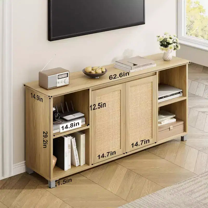 Meuble TV en rotin, meuble TV moderne de 160 cm avec étagères et armoires de rangement, portes en rotin, meuble TV bohème pour salon