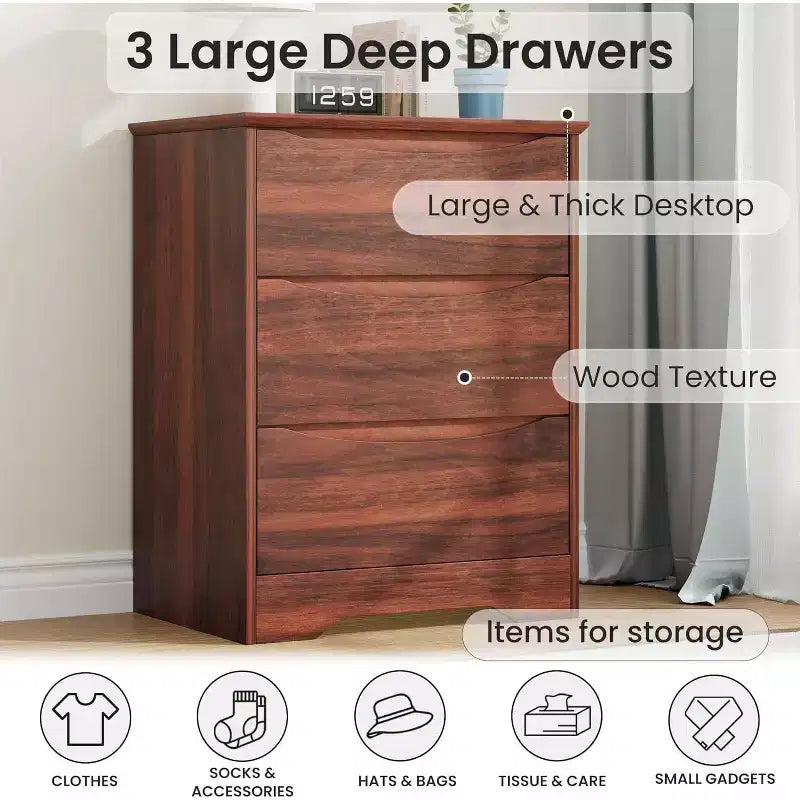 Commode Haute en Bois à 3 Tiroirs, Placard Moderne avec Rangement Profond, Commode Spacieuse avec Plateau Large, Idéale pour Chambre à Coucher ou Salon