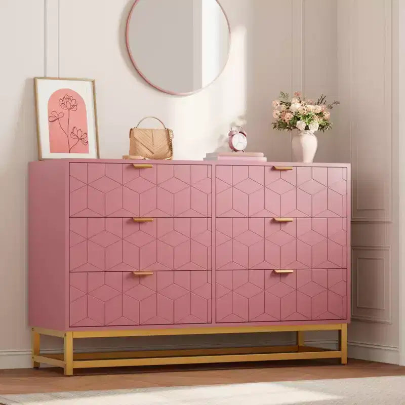 Dresser, 6 Drawer Modern Double Chest of Drawers with Gold Handles, Pink Bedroom Storage