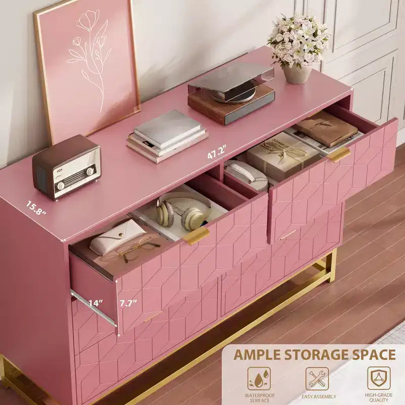 Commode 6 tiroirs double, moderne, avec poignées dorées, rangement de chambre rose