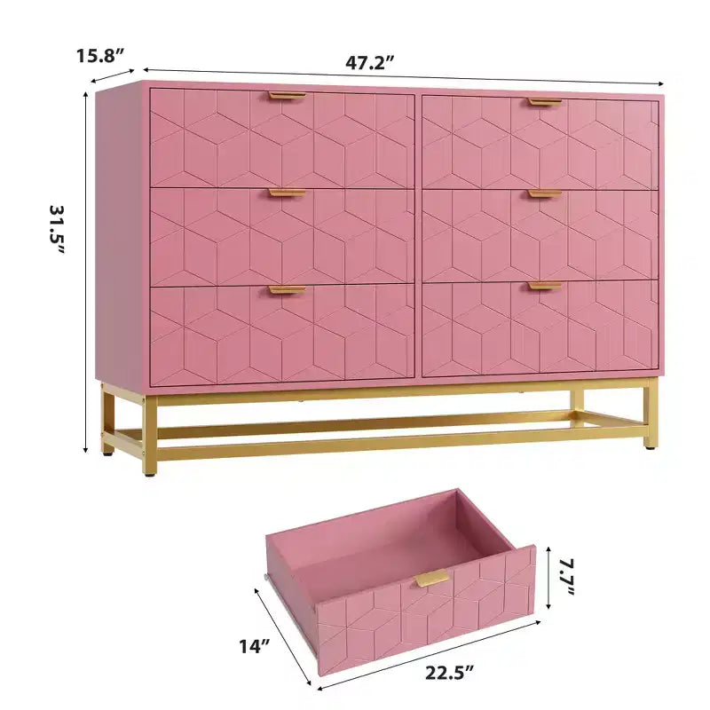 Commode 6 tiroirs double, moderne, avec poignées dorées, rangement de chambre rose