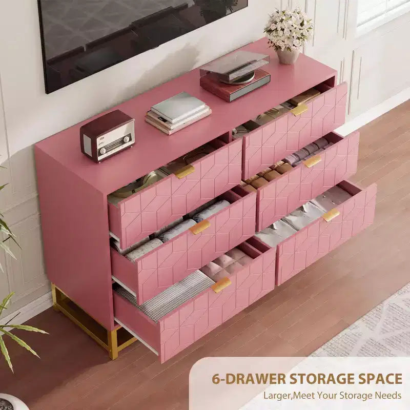 Commode 6 tiroirs double, moderne, avec poignées dorées, rangement de chambre rose
