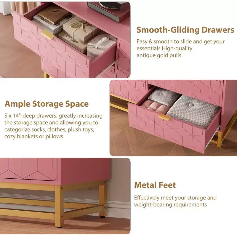 Commode 6 tiroirs double, moderne, avec poignées dorées, rangement de chambre rose
