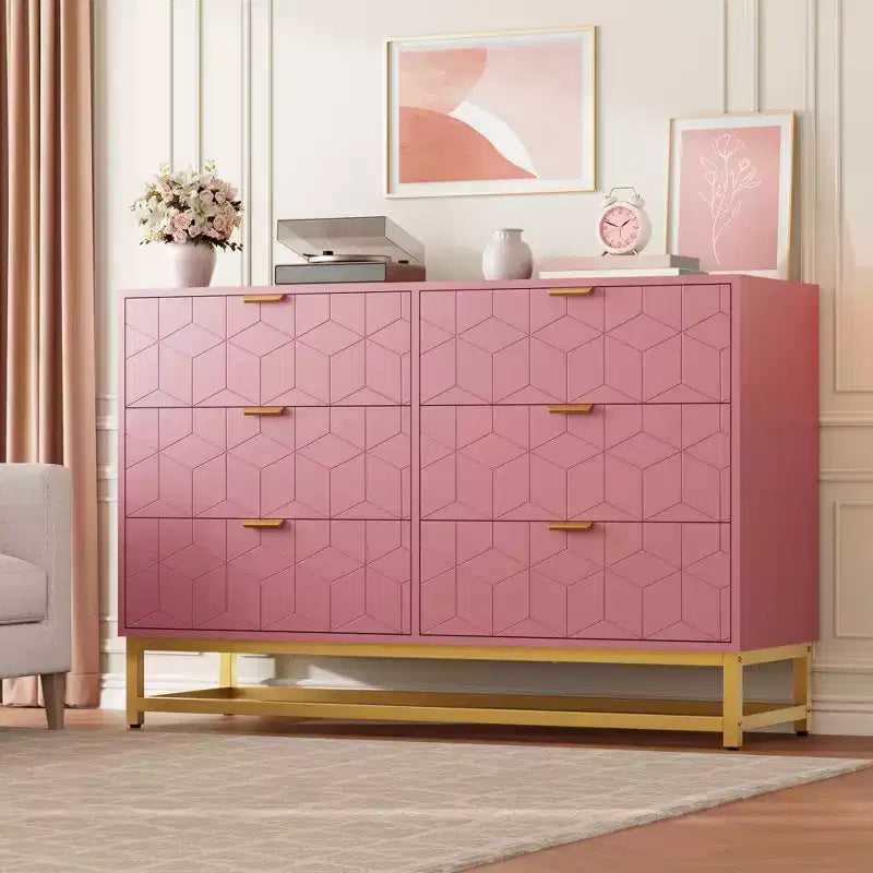 Commode 6 tiroirs double, moderne, avec poignées dorées, rangement de chambre rose