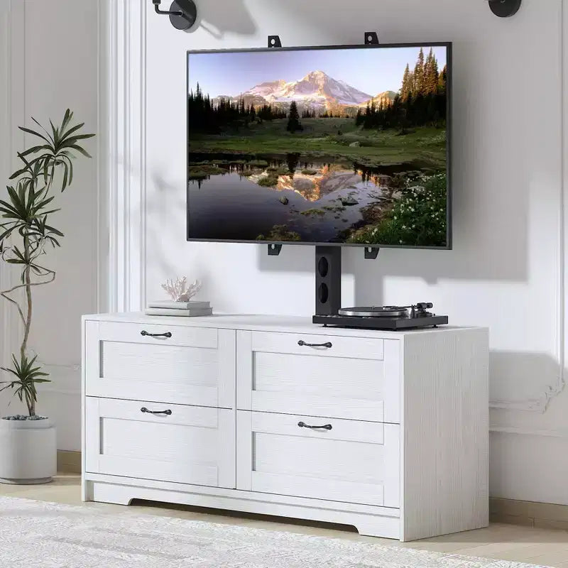 Meuble TV avec support et 4 tiroirs de rangement pour téléviseurs de 32/45/55/65/75/80 pouces, meuble de divertissement pour chambre à coucher, salon, table de console média en bois