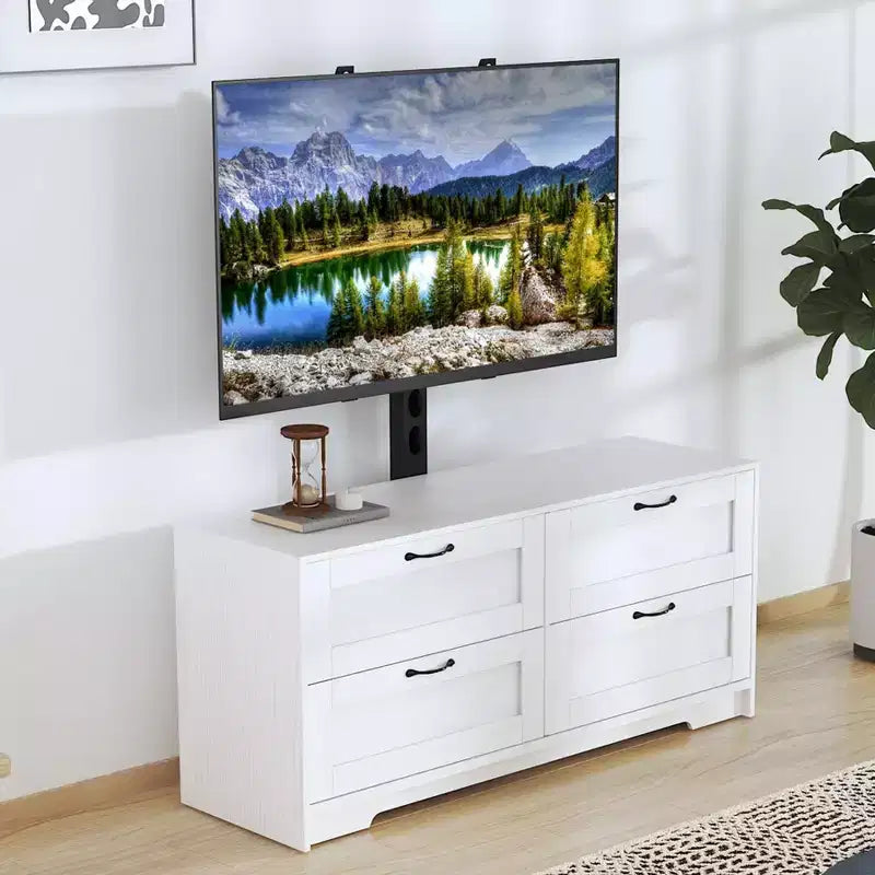 Meuble TV avec support et 4 tiroirs de rangement pour téléviseurs de 32/45/55/65/75/80 pouces, meuble de divertissement pour chambre à coucher, salon, table de console média en bois