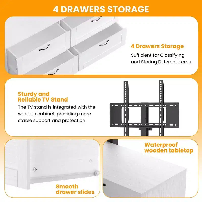 Meuble TV avec support et 4 tiroirs de rangement pour téléviseurs de 32/45/55/65/75/80 pouces, meuble de divertissement pour chambre à coucher, salon, table de console média en bois