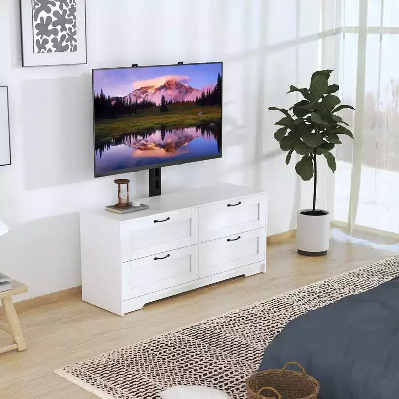 Meuble TV avec support et 4 tiroirs de rangement pour téléviseurs de 32/45/55/65/75/80 pouces, meuble de divertissement pour chambre à coucher, salon, table de console média en bois