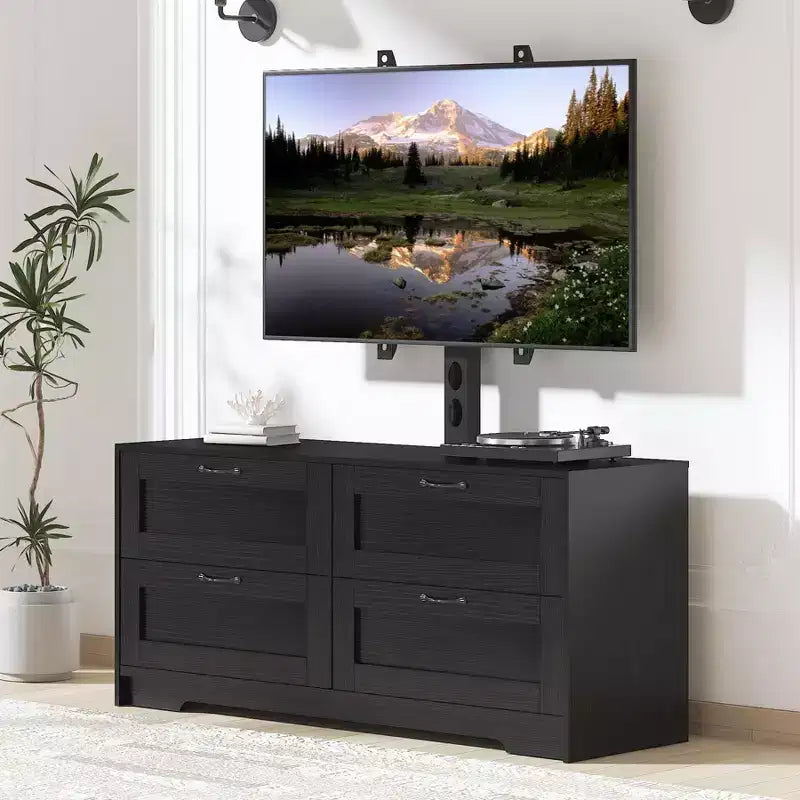 Meuble TV avec support et 4 tiroirs de rangement pour téléviseurs de 32/45/55/65/75/80 pouces, meuble de divertissement pour chambre à coucher, salon, table de console média en bois