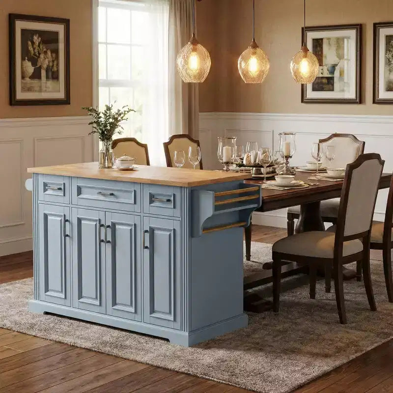 HomyCasa Rolling Kitchen Island with Wood Top and Storage Cabinets, Grey